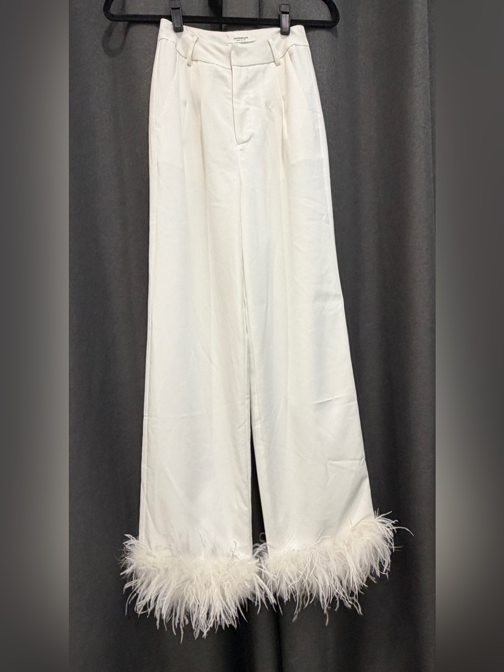 Peppermayo White Feather-Trim Wide Leg Trousers